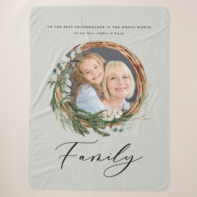 Modern chic elegant leafy wreath photo family sherpa blanket (Front)