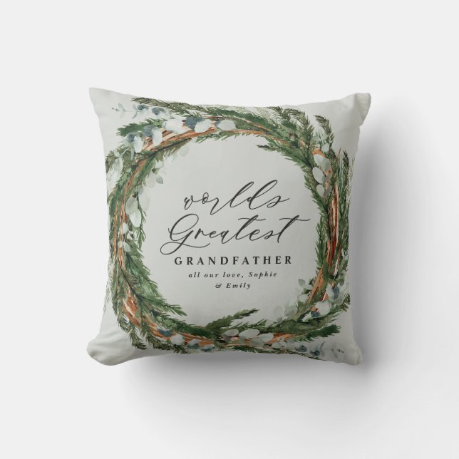 Modern chic elegant leafy wreath photo grandfather throw pillow (Front)