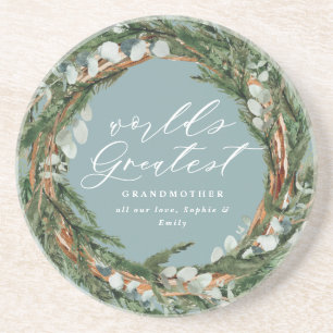 Modern chic elegant leafy wreath photo grandmother coaster