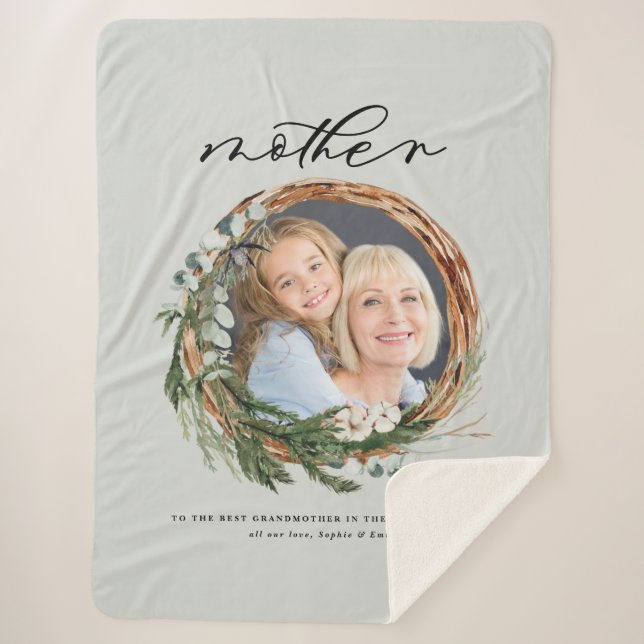 Modern chic elegant leafy wreath photo mother sherpa blanket (Front)