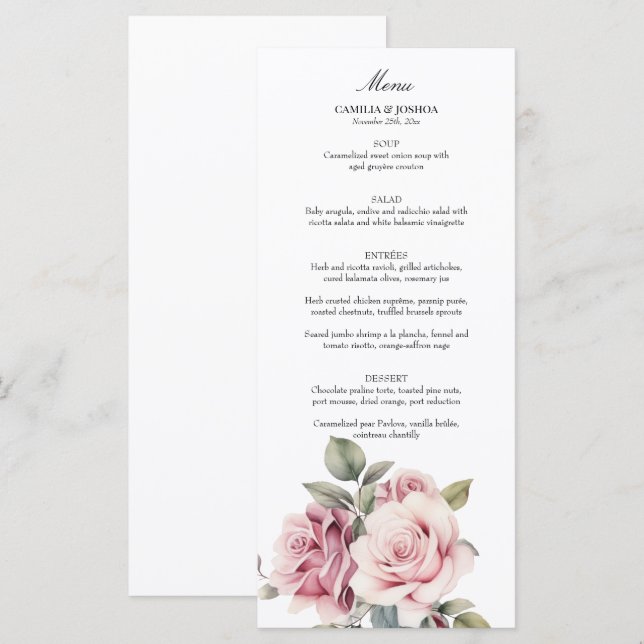 Modern Chic Elegant Romantic Pink Rose Wedding Menu (Front/Back)