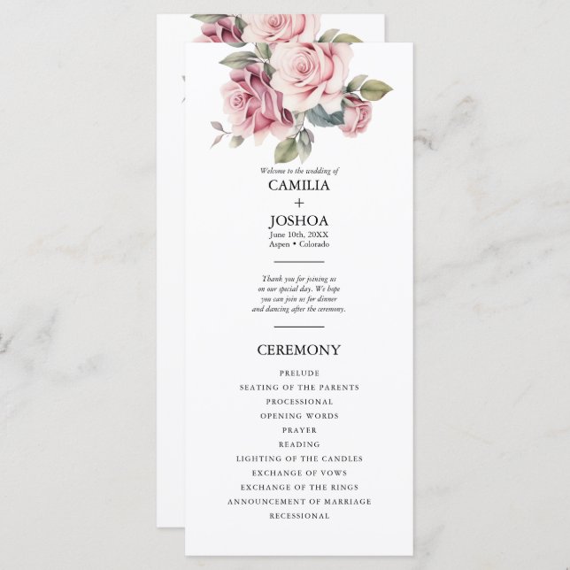 Modern Chic Elegant Romantic Pink Rose Wedding Program (Front/Back)