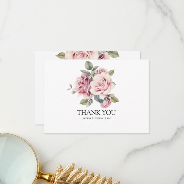 Modern Chic Elegant Romantic Pink Rose Wedding Thank You Card (Front/Back In Situ)