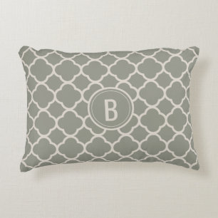 Modern Chic Evergreen Monogram Quatrefoil Pattern Accent Pillow