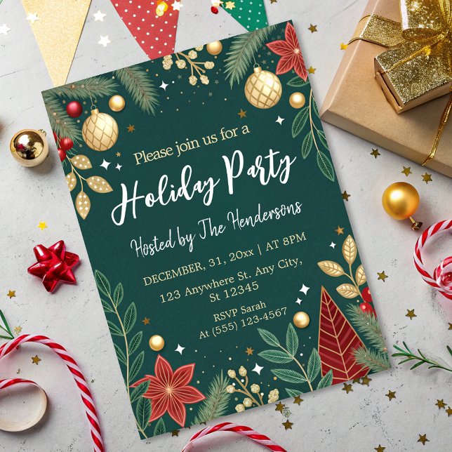 Modern Chic Floral Festive Green Holiday Party Invitation (Creator Uploaded)