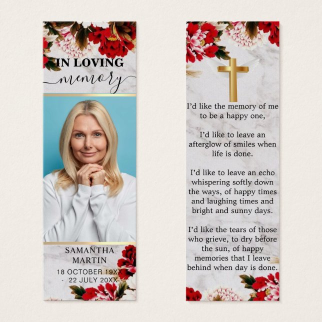 Modern Chic Floral Memorial Funeral Bookmark (Front & Back)