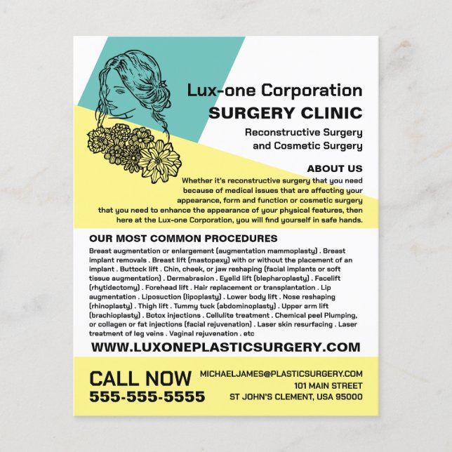 Modern Chic Floral Model, Plastic Surgeon/Surgery Flyer (Front)