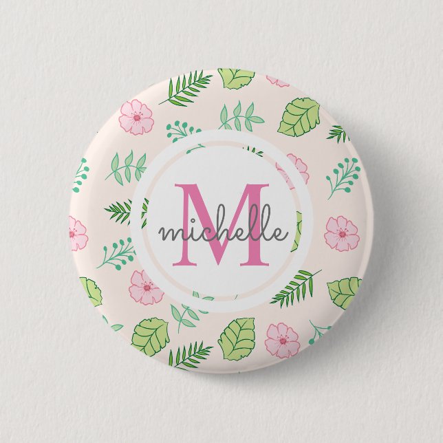 Modern Chic Floral Monogram 2 Inch Round Button (Front)