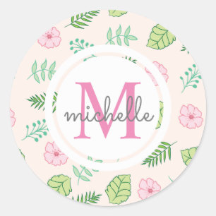 Modern Chic Floral Monogram Classic Round Sticker