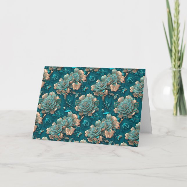 Modern,Chic Floral Teal & Bronze Folded Note Card (Front)