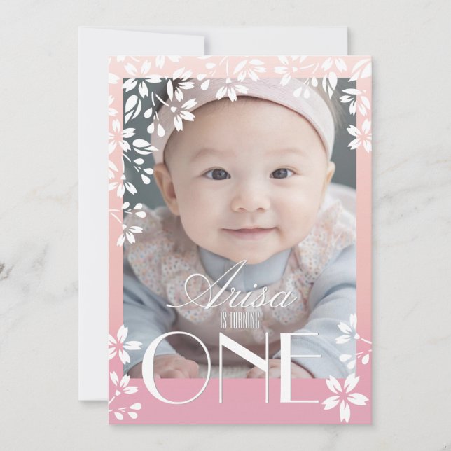 Modern chic flower photo 1st birthday : SAKURA Invitation (Front)
