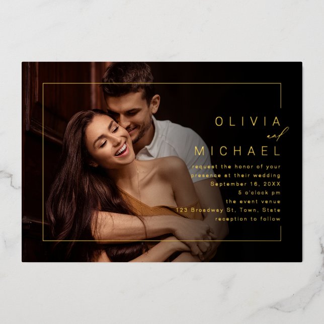 Modern chic frame minimalist photo wedding foil in (Front)