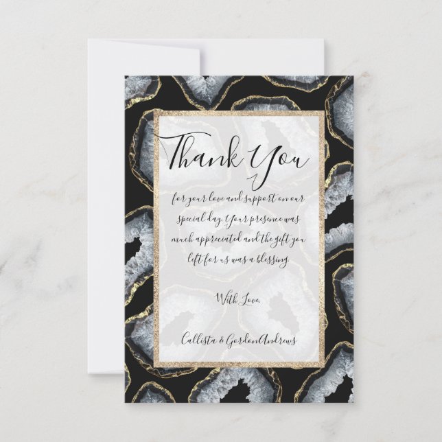 Modern Chic Gold Black White Agate Geode Stones Thank You Card (Front)