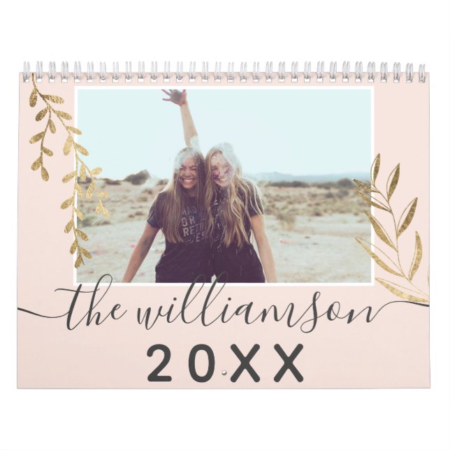 Modern chic gold branch blush pink 13 photo grid calendar (Cover)