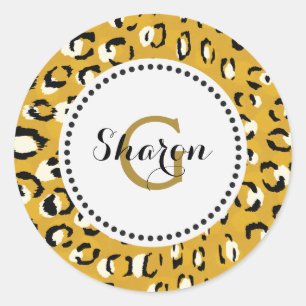 Modern chic gold cheetah print pattern monogram classic round sticker