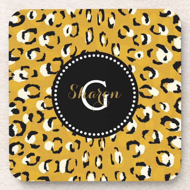 Modern chic gold cheetah print pattern monogram coaster (Front)