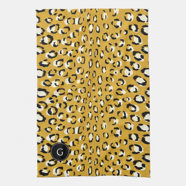 Modern chic gold cheetah print pattern monogram kitchen towel (Vertical)