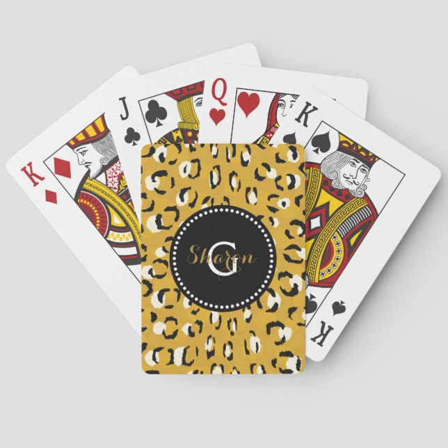 Modern chic gold cheetah print pattern monogram playing cards (Back)