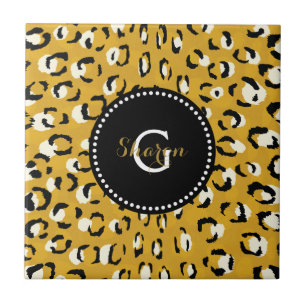 Modern chic gold cheetah print pattern monogram tile