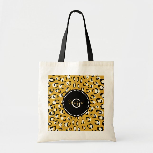 Modern chic gold cheetah print pattern monogram tote bag (Front)