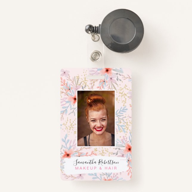 Modern chic gold floral paint employee photo pass badge (Front with Retractable)