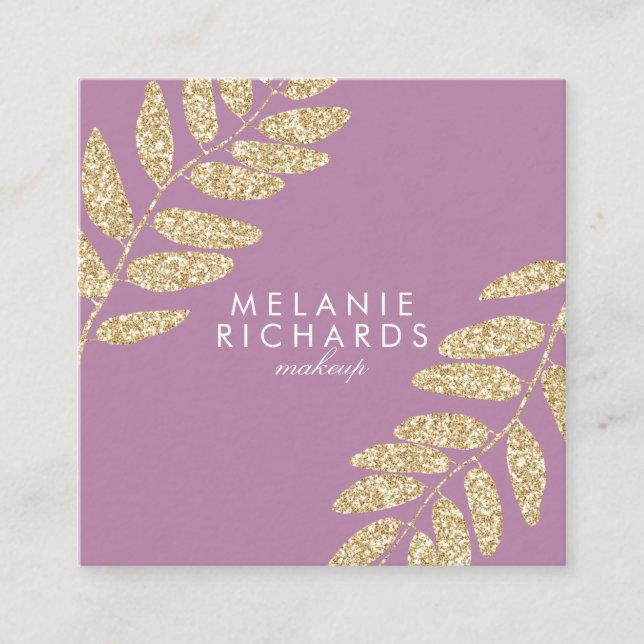 Modern chic gold glitter leaves mauve makeup square business card (Front)
