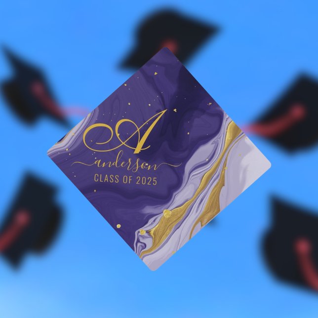 Modern Chic Gold Glitter Navy Agate Monogram Grad Graduation Cap Topper (Creator Uploaded)