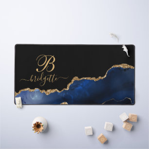 Modern Chic Gold Glitter Navy Blue Agate Monogram Desk Mat