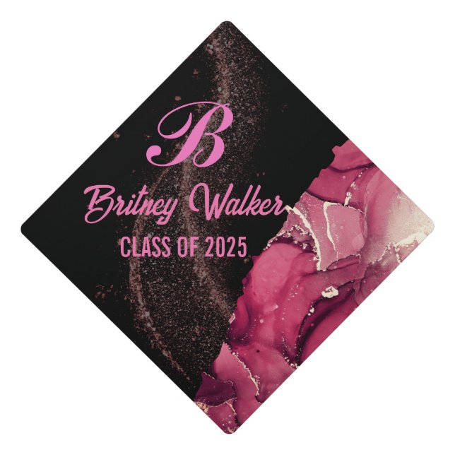 Modern Chic Gold Glitter purple marble Monogram  Graduation Cap Topper (Front)