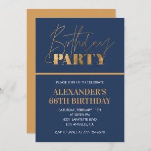  Modern Chic Gold Navy blue 66th birthday party Invitation