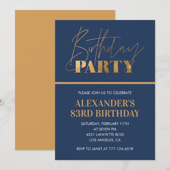  Modern Chic Gold Navy blue 83rd birthday party Invitation (Front/Back)
