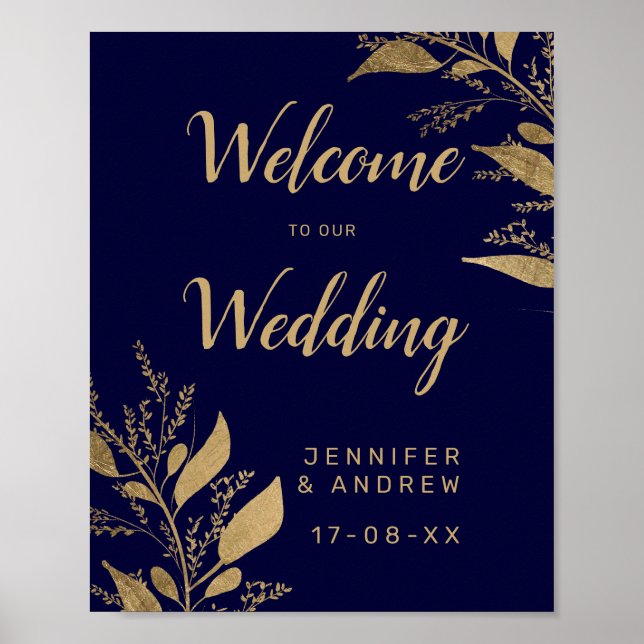 Modern chic gold navy blue branch wedding welcome poster (Front)