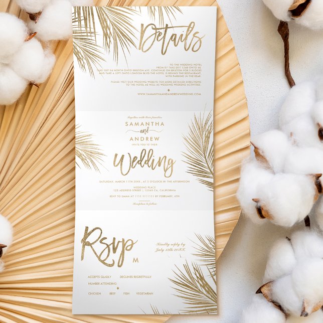 Modern chic gold palm tree elegant wedding Tri-Fold invitation (Creator Uploaded)