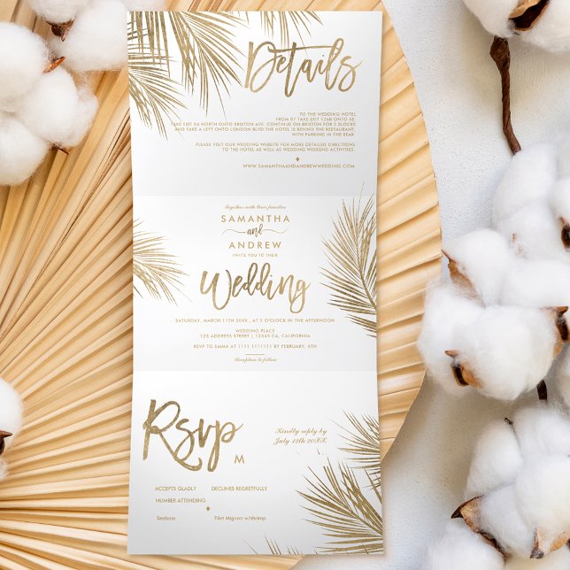 Modern chic gold palm tree elegant wedding Tri-Fold invitation (Creator Uploaded)
