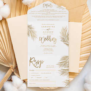 Modern chic gold palm tree tropical wedding all in one invitation