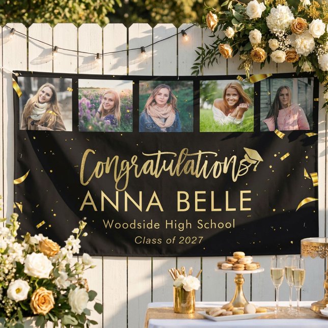 Modern Chic Gold Script Photo Collage Graduation Banner (Creator Uploaded)