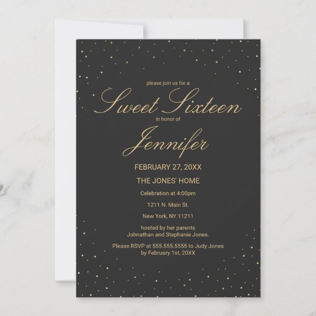 Modern Chic Gold Speckled on Black Sweet 16 Invitation (Front)