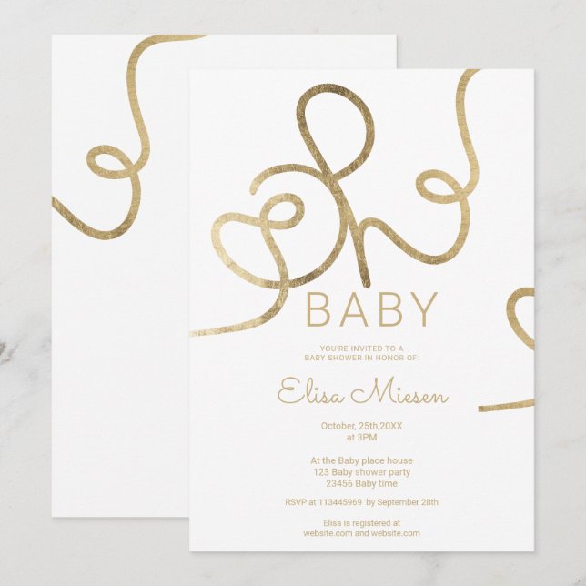 Modern chic gold white calligraphy Oh baby shower Invitation (Front/Back)