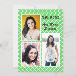 Modern Chic Graduation 3 Photo Green Quatrefoil Invitation