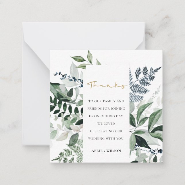 Modern Chic Green Leafy Tropical Foliage Thank You Card (Front)