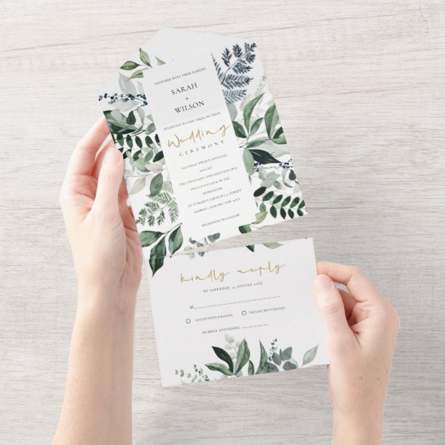 Modern Chic Green Leafy Tropical Foliage Wedding All In One Invitation (Tearaway)
