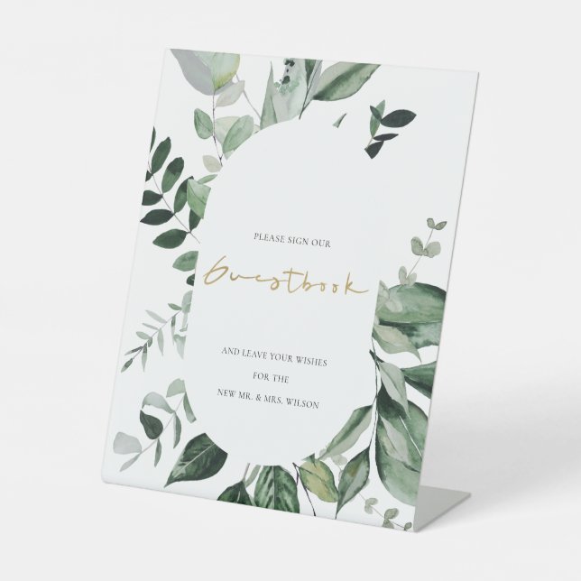 Modern Chic Green Leafy Tropical Foliage Wedding Pedestal Sign (Front)