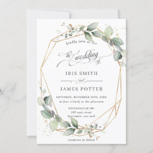 Modern Chic Greenery Leafy Gold Geometric Wedding Invitation