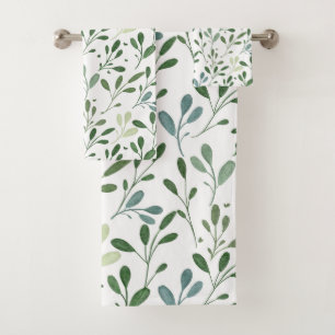 Modern Chic Greenery Watercolor Botanical Leaves Bath Towel Set