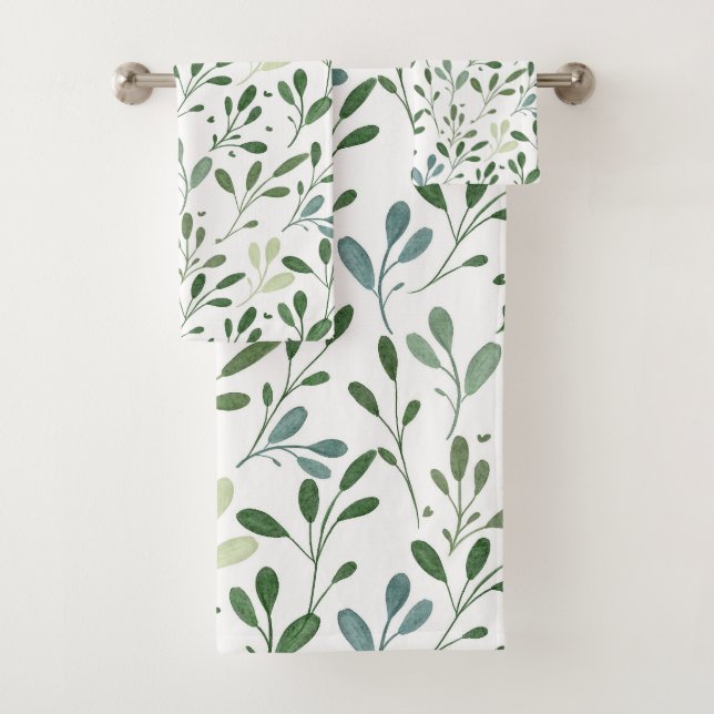 Modern Chic Greenery Watercolor Botanical Leaves Bath Towel Set (Insitu)