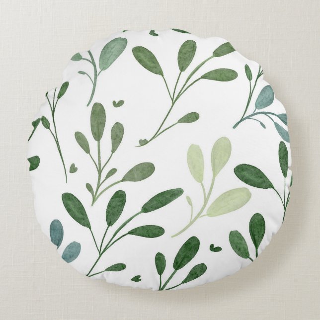 Modern Chic Greenery Watercolor Botanical Leaves Round Pillow (Front)