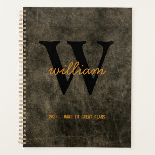 Modern chic grey leather script black monogram planner
