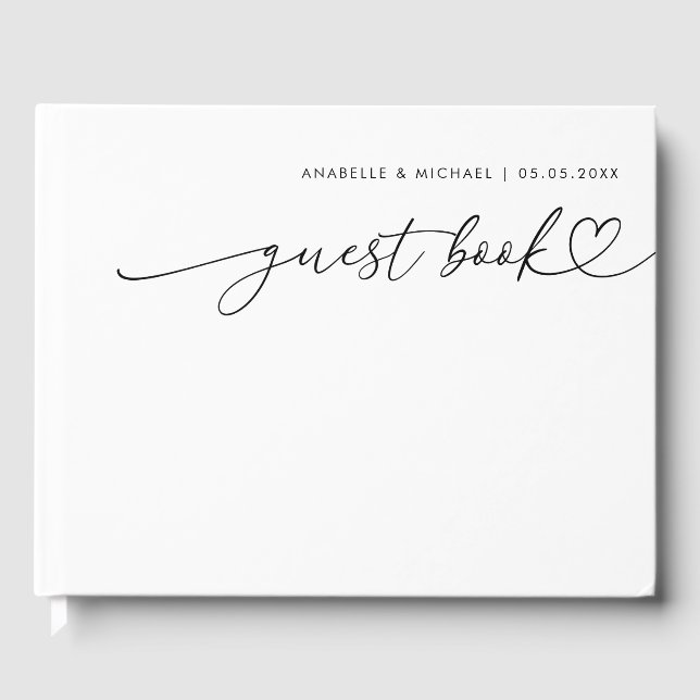 Modern Chic Heart Script Romantic White Wedding Guest Book (Front)