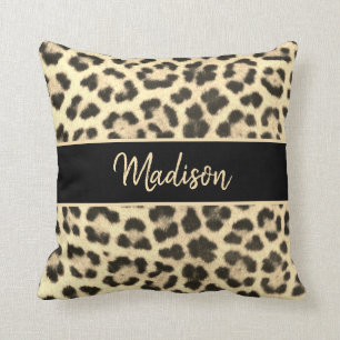 Modern Chic Leopard Print Beige Black Personalized Throw Pillow