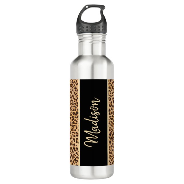 Modern Chic Leopard Print Black Personalized 710 Ml Water Bottle (Front)
